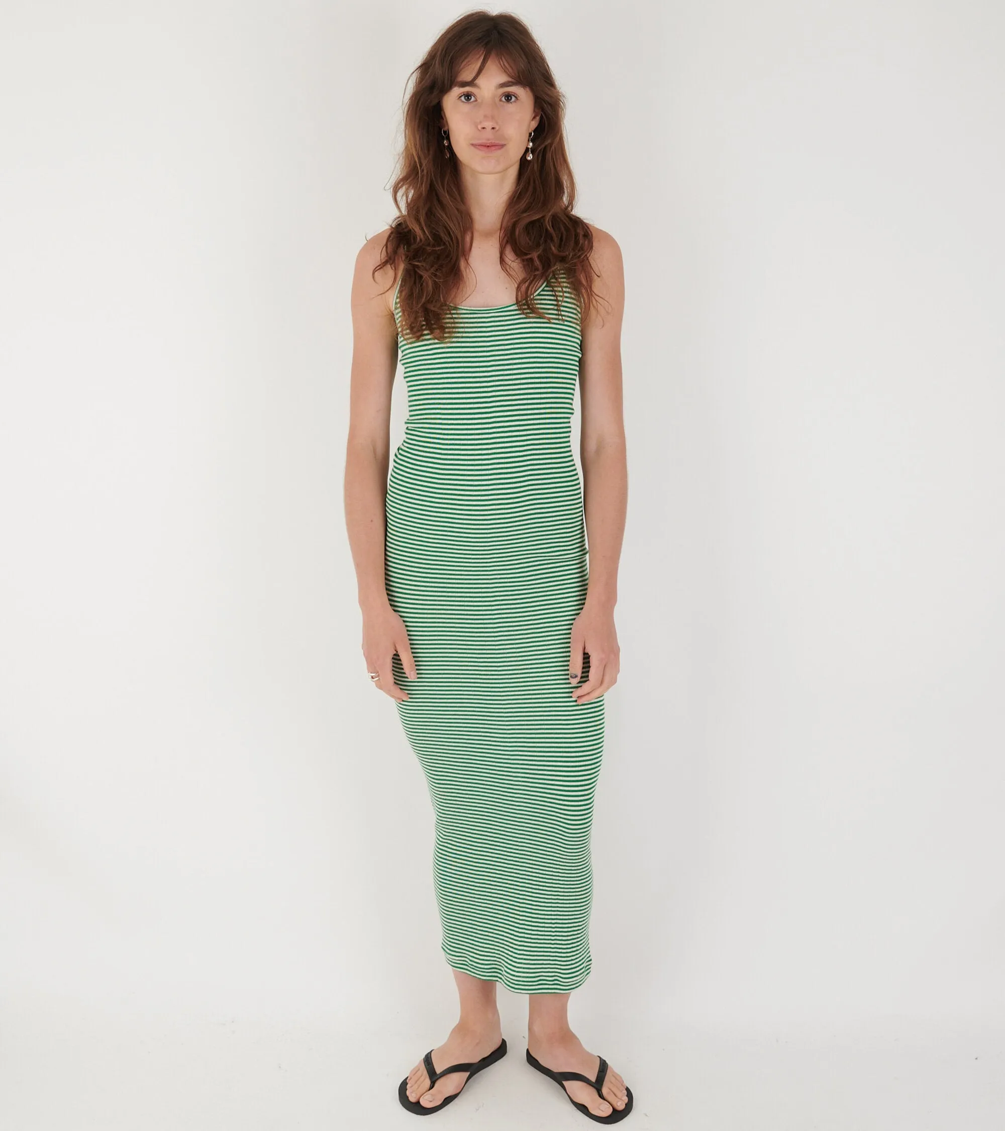 101 Strap Rib Dress Green/Ecru
