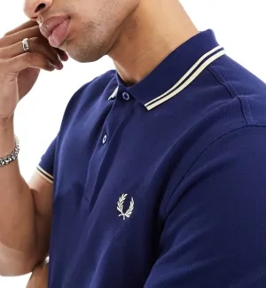 Fred Perry Cream Double Stripe Polo Navy Shirt