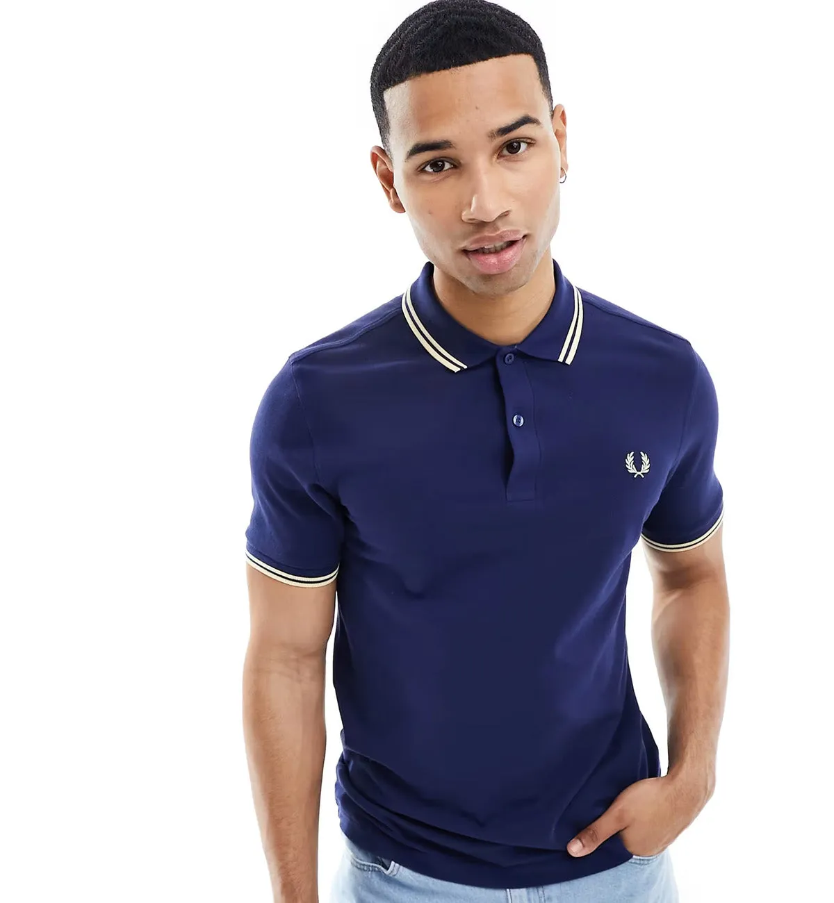Fred Perry Cream Double Stripe Polo Navy Shirt