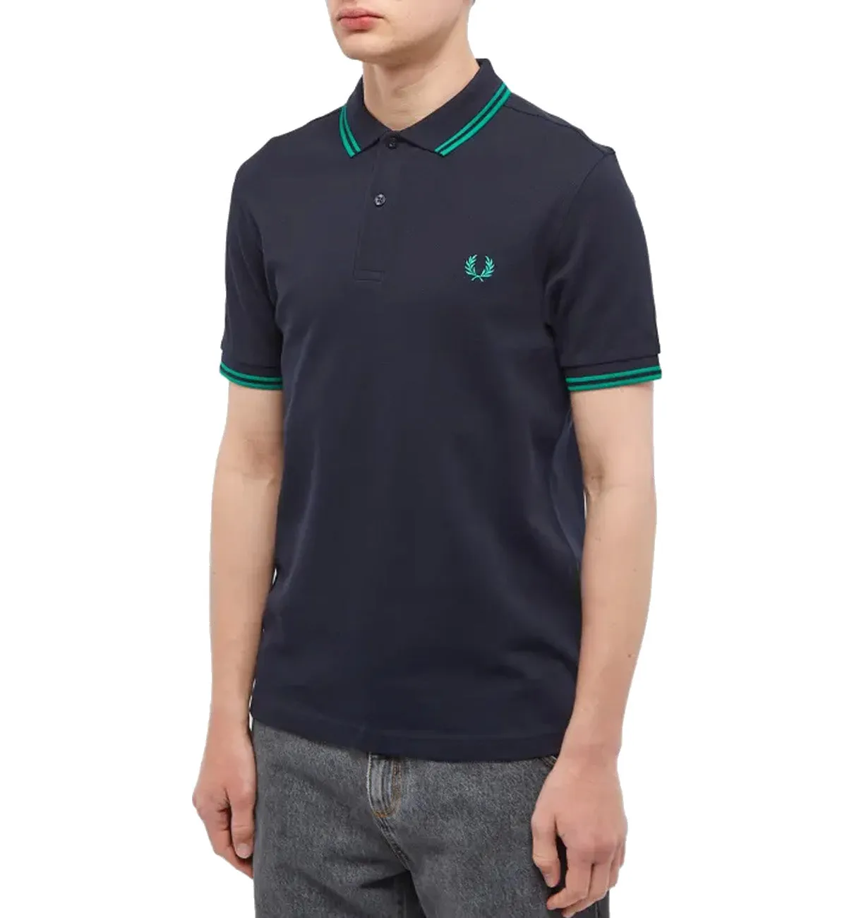 Fred Perry Cyan Double Stripe Navy Blue Polo Shirt