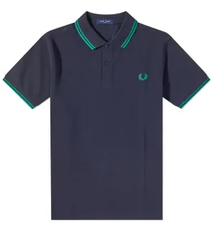 Fred Perry Cyan Double Stripe Navy Blue Polo Shirt