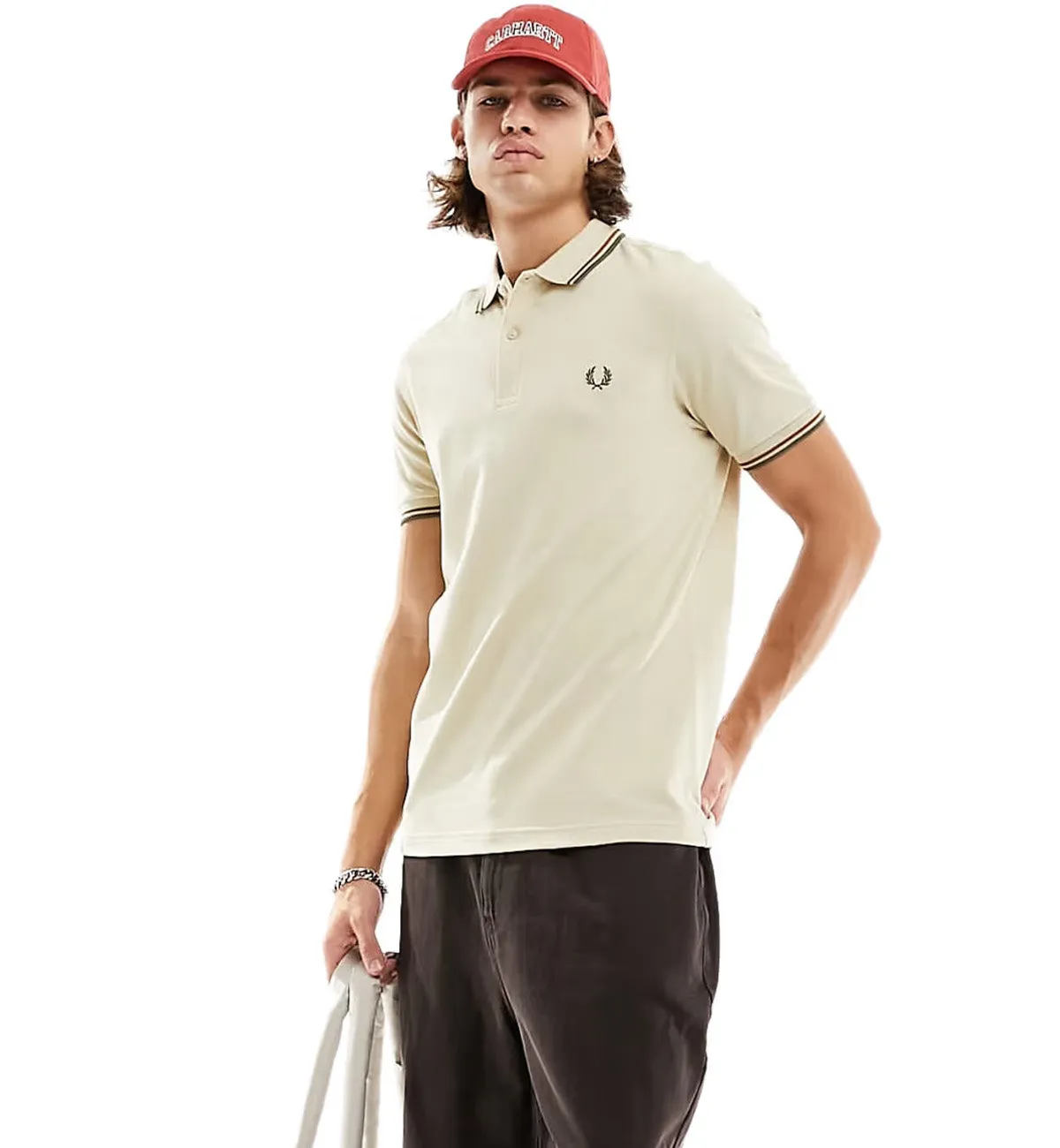 Fred Perry Olive Orange Stripe Polo Beige Shirt