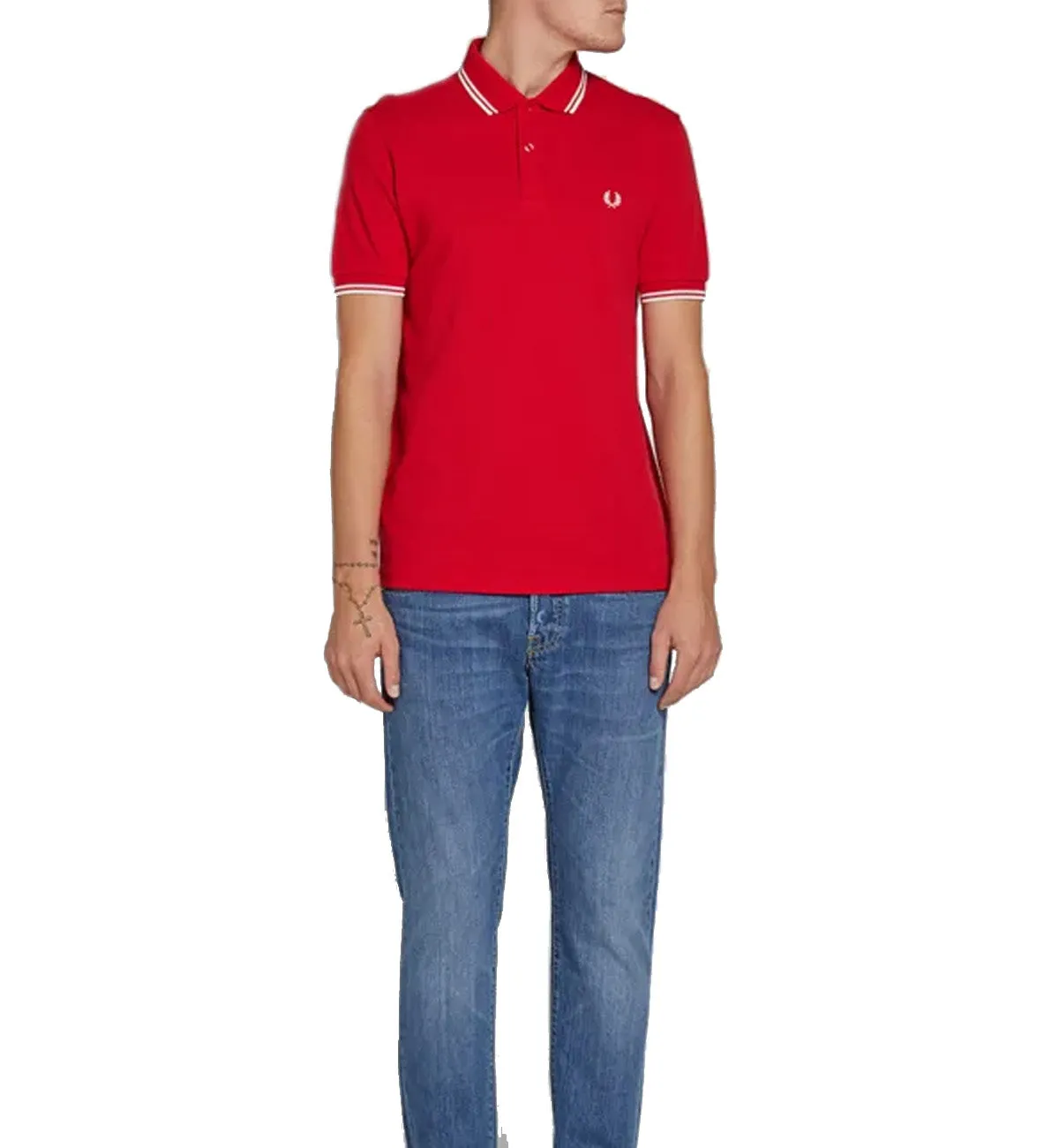 Fred Perry White Double Stripe Bright Red Polo Shirt