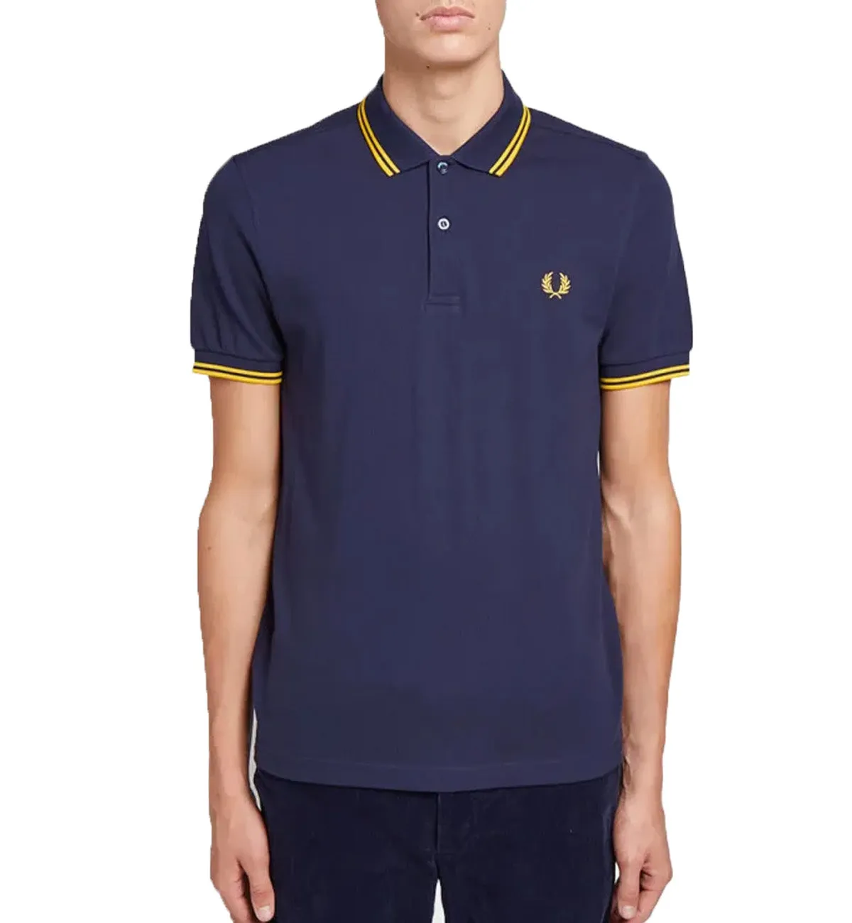 Fred Perry Yellow Double Stripe Navy Polo Shirt