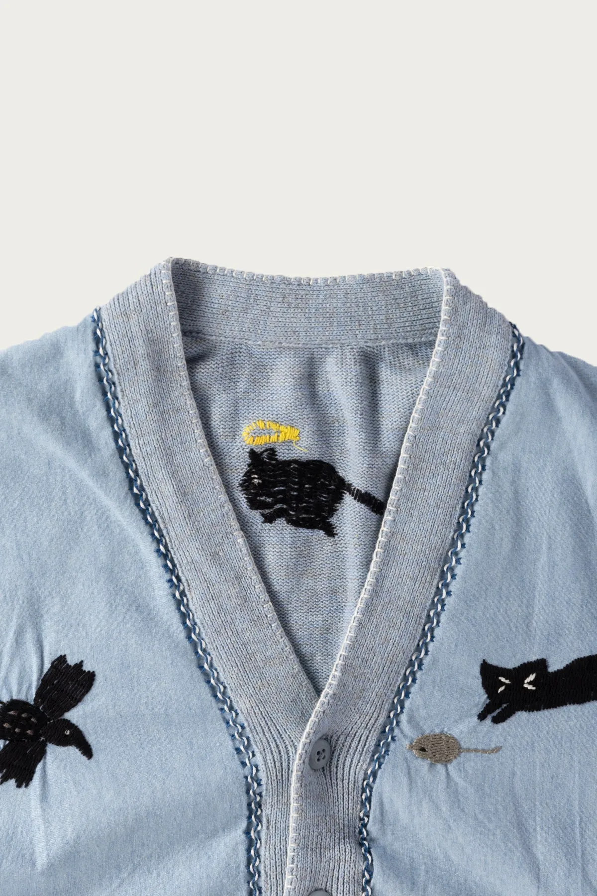 Knit x Chambray Cardigan (Raven & Cat Embroidery) - Sax