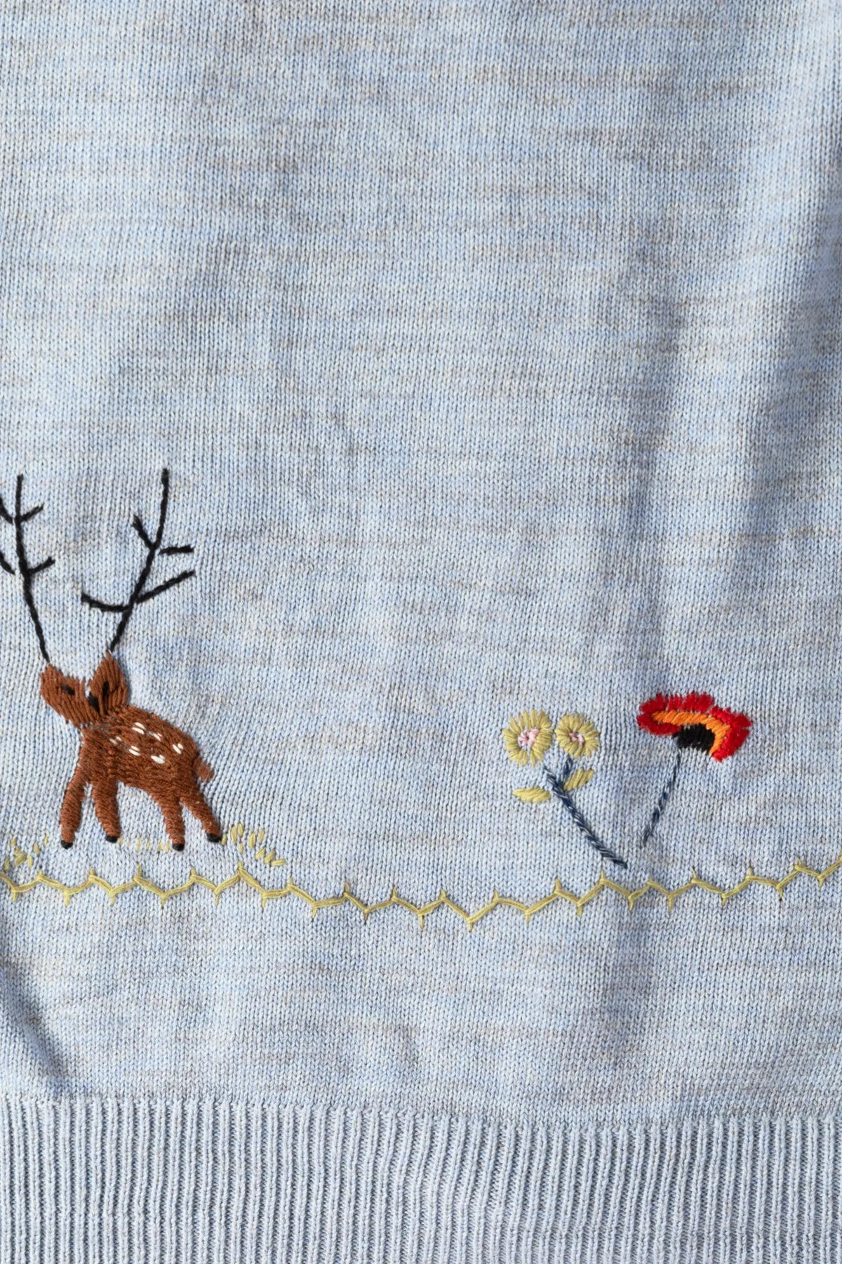 Knit x Chambray Cardigan (Raven & Cat Embroidery) - Sax