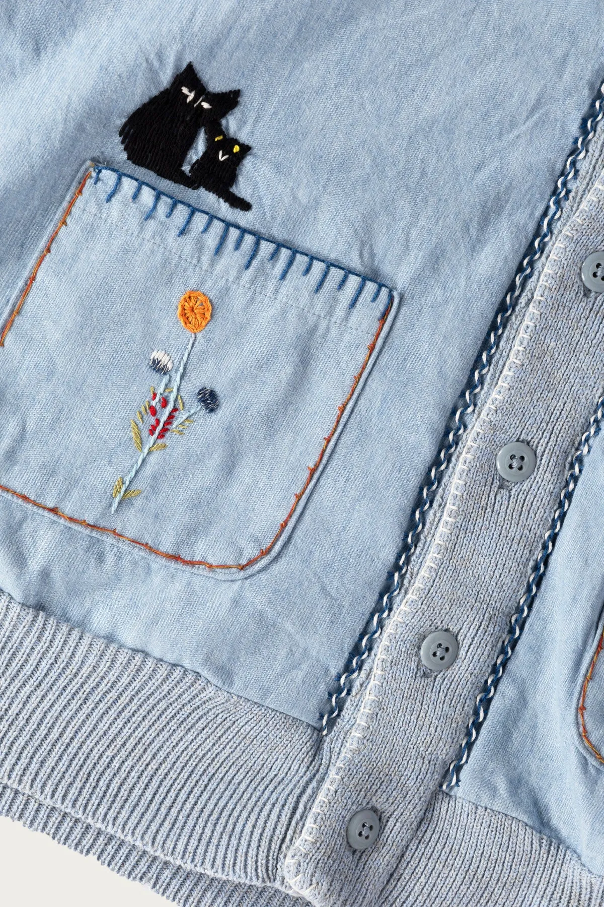 Knit x Chambray Cardigan (Raven & Cat Embroidery) - Sax
