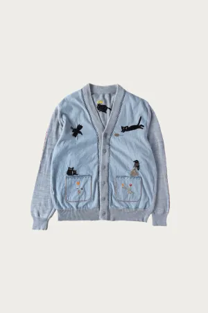Knit x Chambray Cardigan (Raven & Cat Embroidery) - Sax