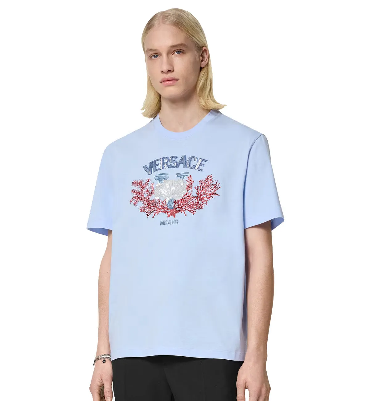 Versace Embroidered University Coral T-Shirt (Cyan)