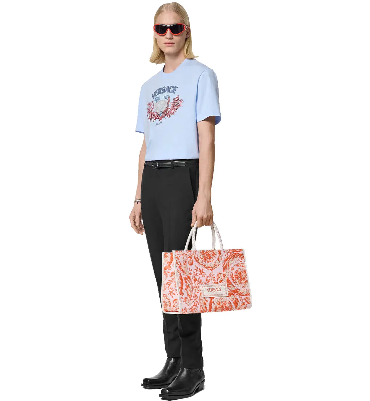 Versace Embroidered University Coral T-Shirt (Cyan)