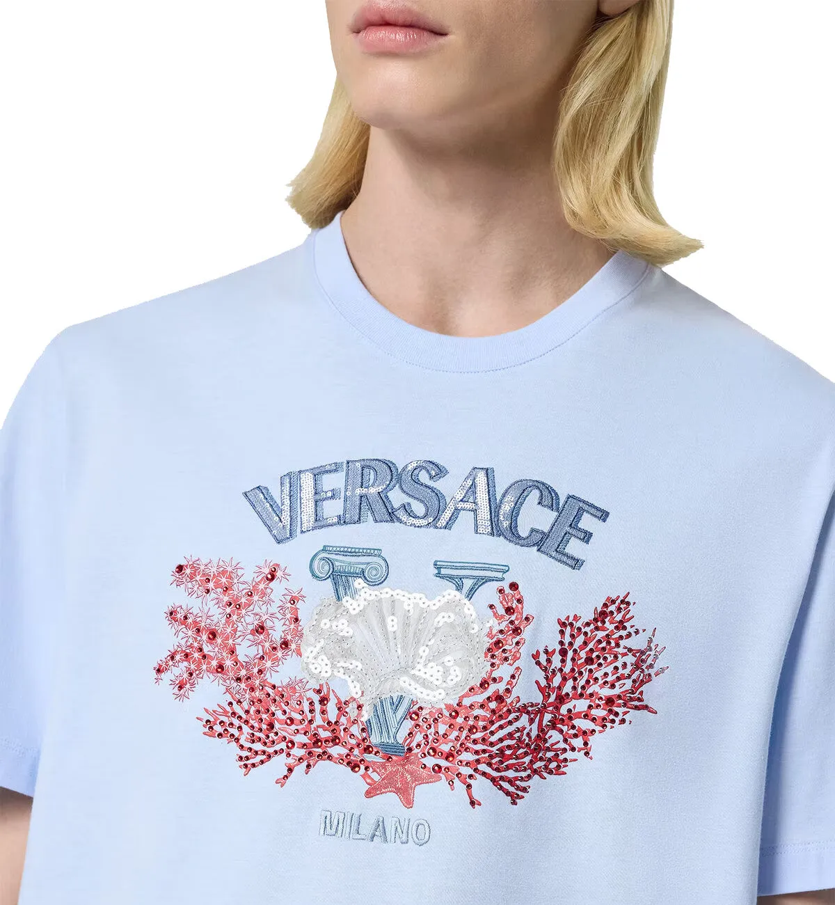 Versace Embroidered University Coral T-Shirt (Cyan)